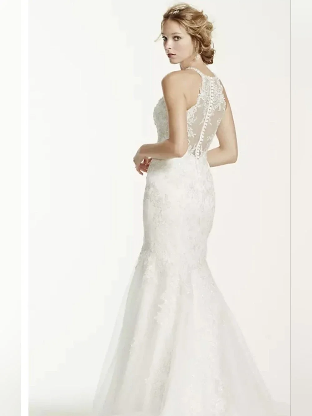 david's bridal illusion lace dress David's Bridal illusion plunge lace appliqued wedding dress